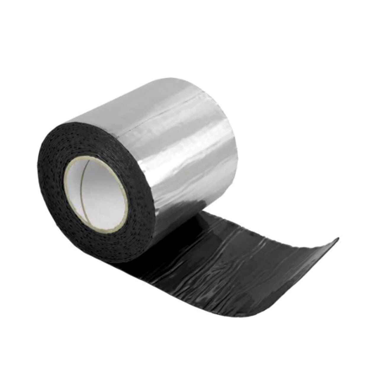 A partially unrolled roll of Go Build 6 in. x 25 ft. Waterproof Repair Tape, with a shiny silver top and black adhesive underside, is shown on a white background—ideal for use as aluminum repair or roof flashing tape.